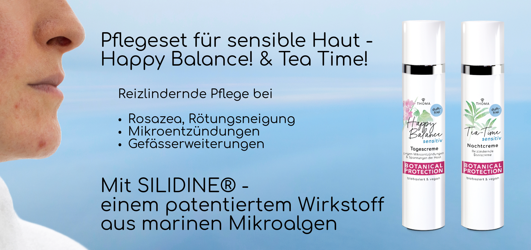 Pflegeset für sensible Haut: Happy Balance Tagescreme und Tea Time Nachtcreme – reizlindernde Pflege bei Rosazea und Rötungsneigung mit SILIDINE®.